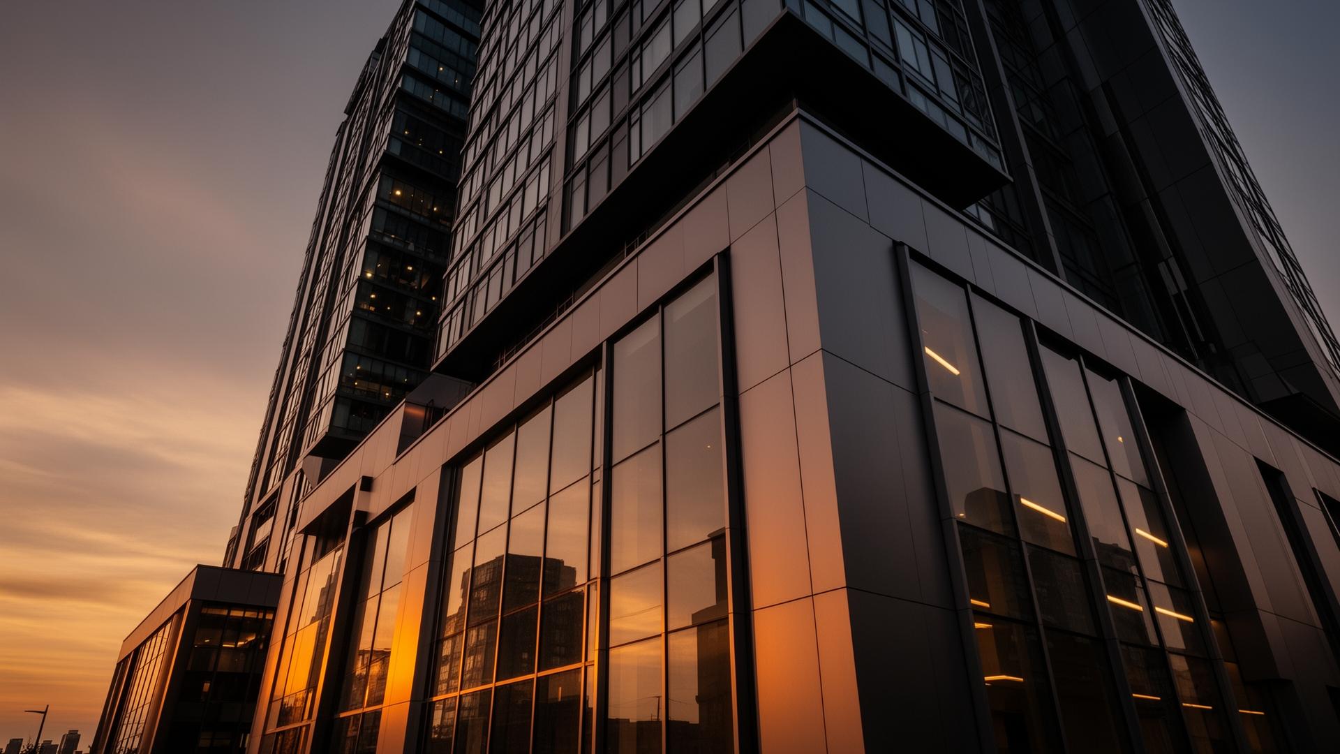 Modern commercial building with aluminum composite panel cladding at dusk