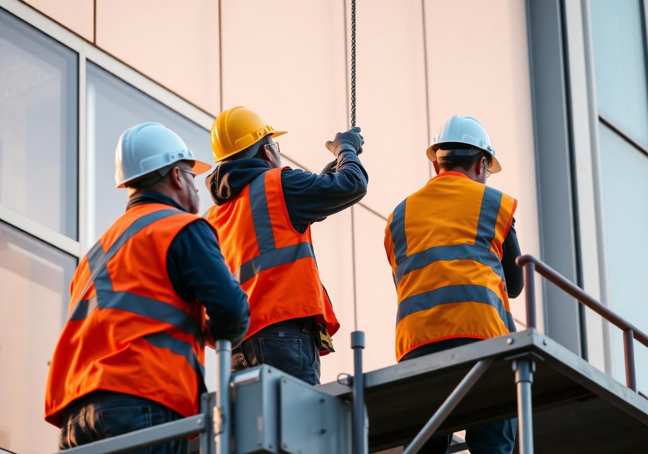 Northline installers in full PPE installing cladding panels